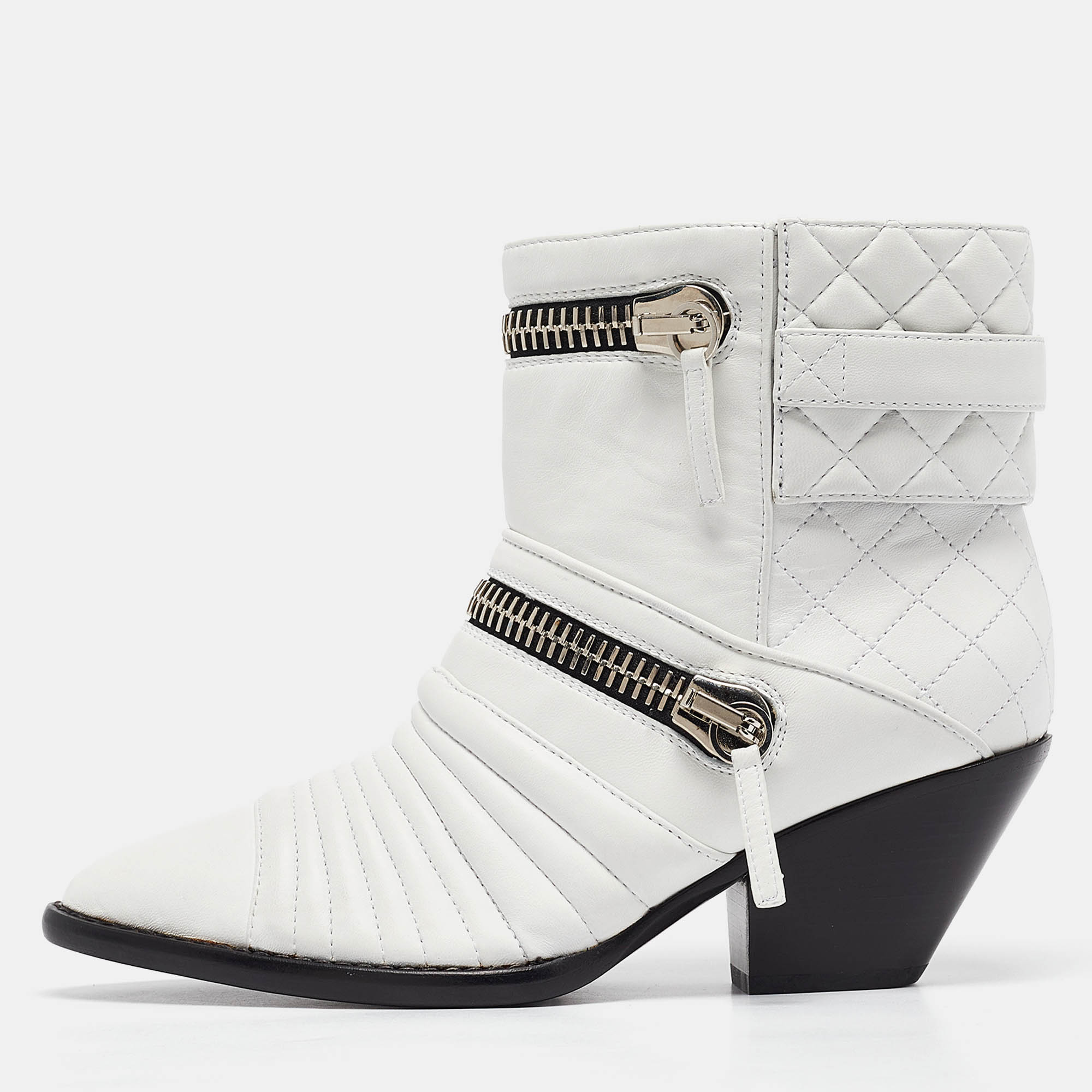 Pre-owned Giuseppe Zanotti White Quilted Leather Ankle Boots Size 38