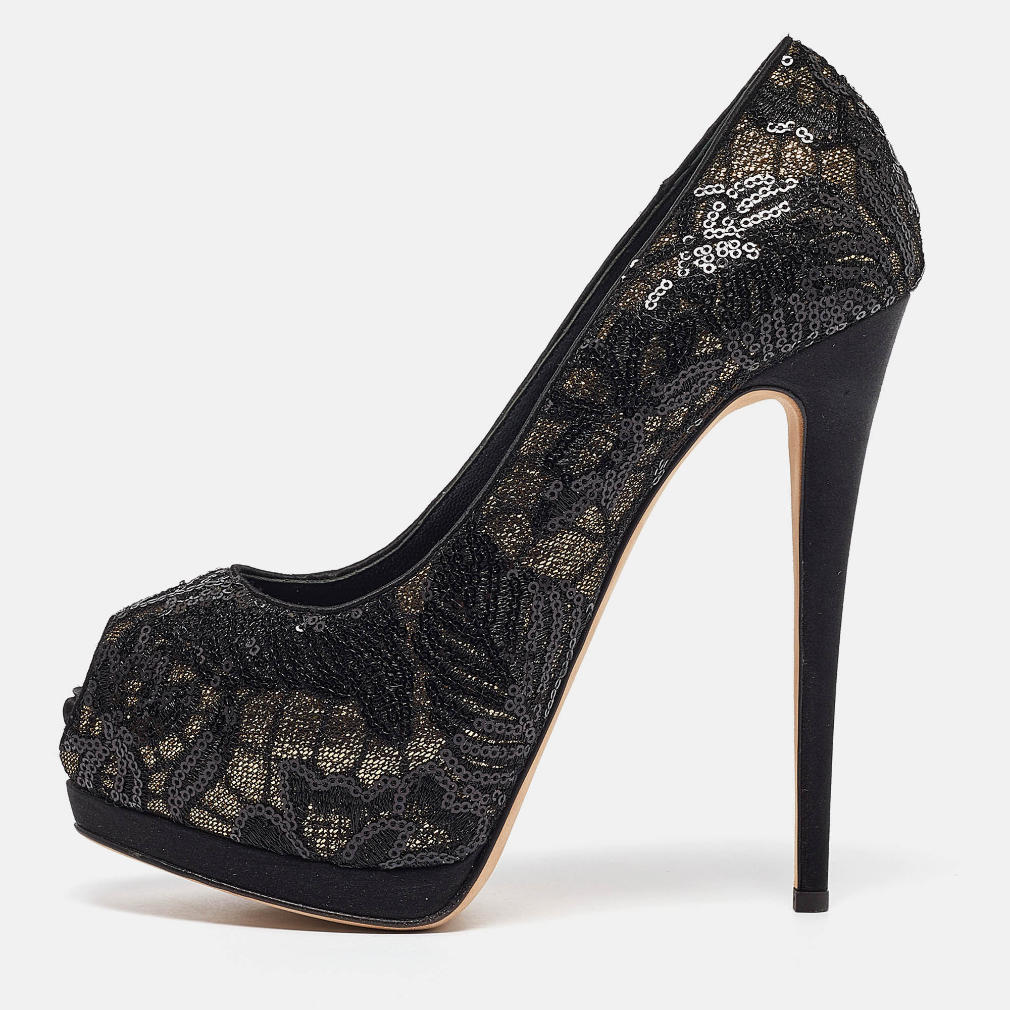 Pre-owned Giuseppe Zanotti Black/gold Lace And Sequins Sharon Platform Pumps 39.5