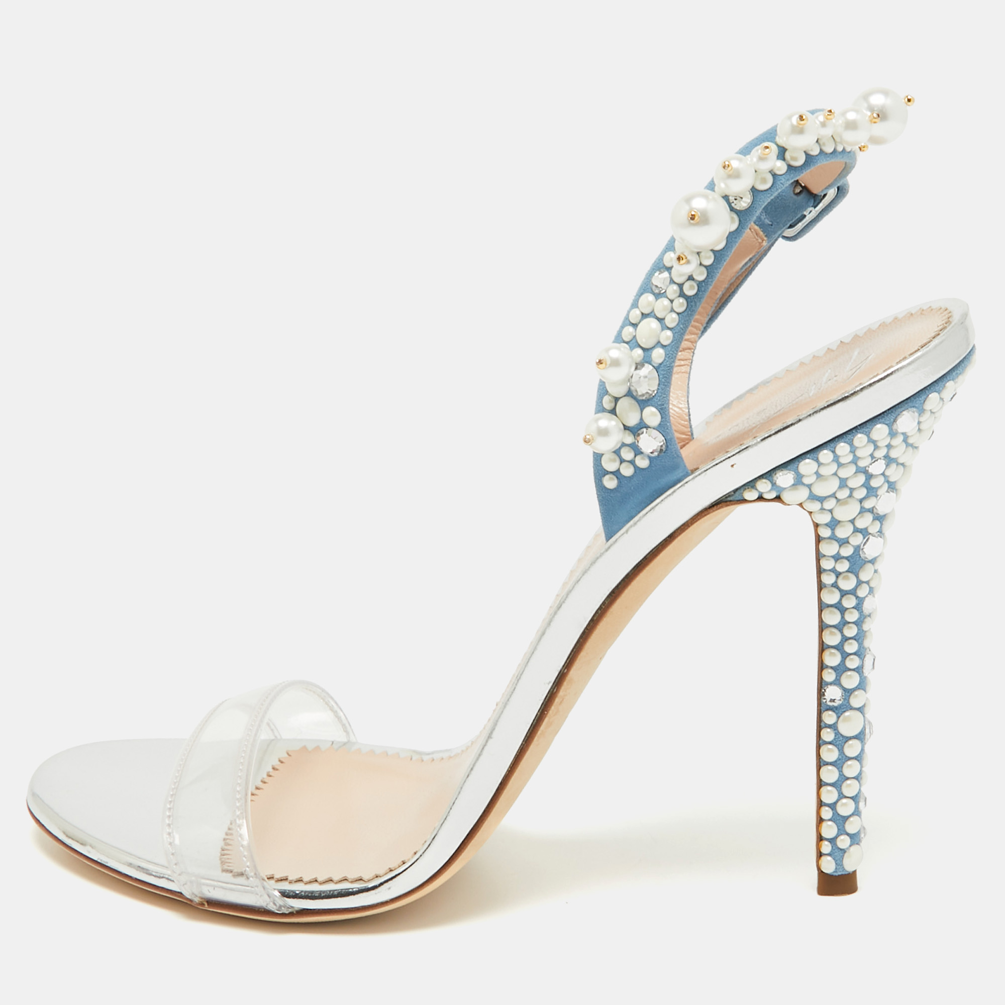 

Giuseppe Zanotti Blue Suede and PVC Beaded Slingback Sandals Size