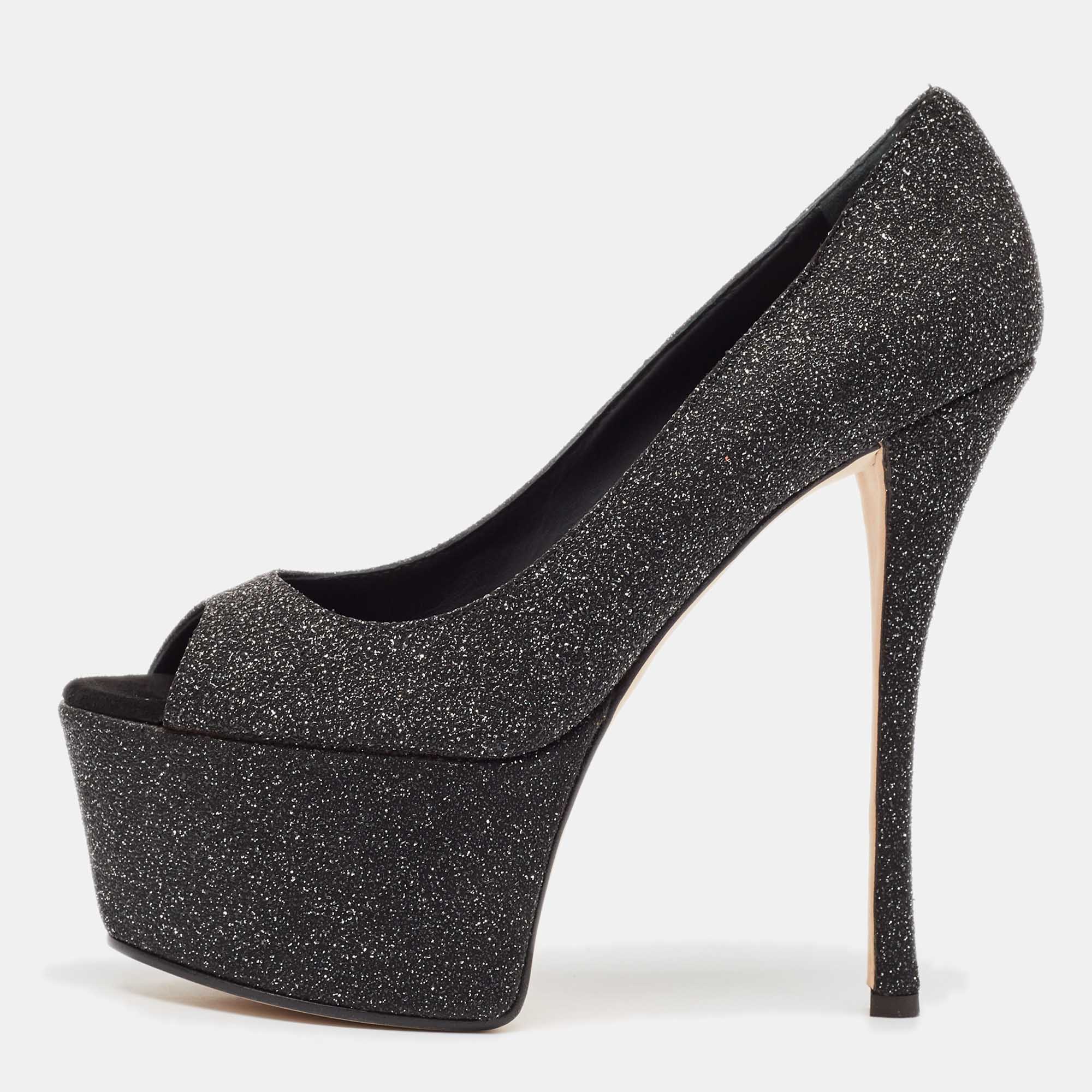 

Giuseppe Zanotti Black Glitter Suede Platform Peep Toe Pumps Size