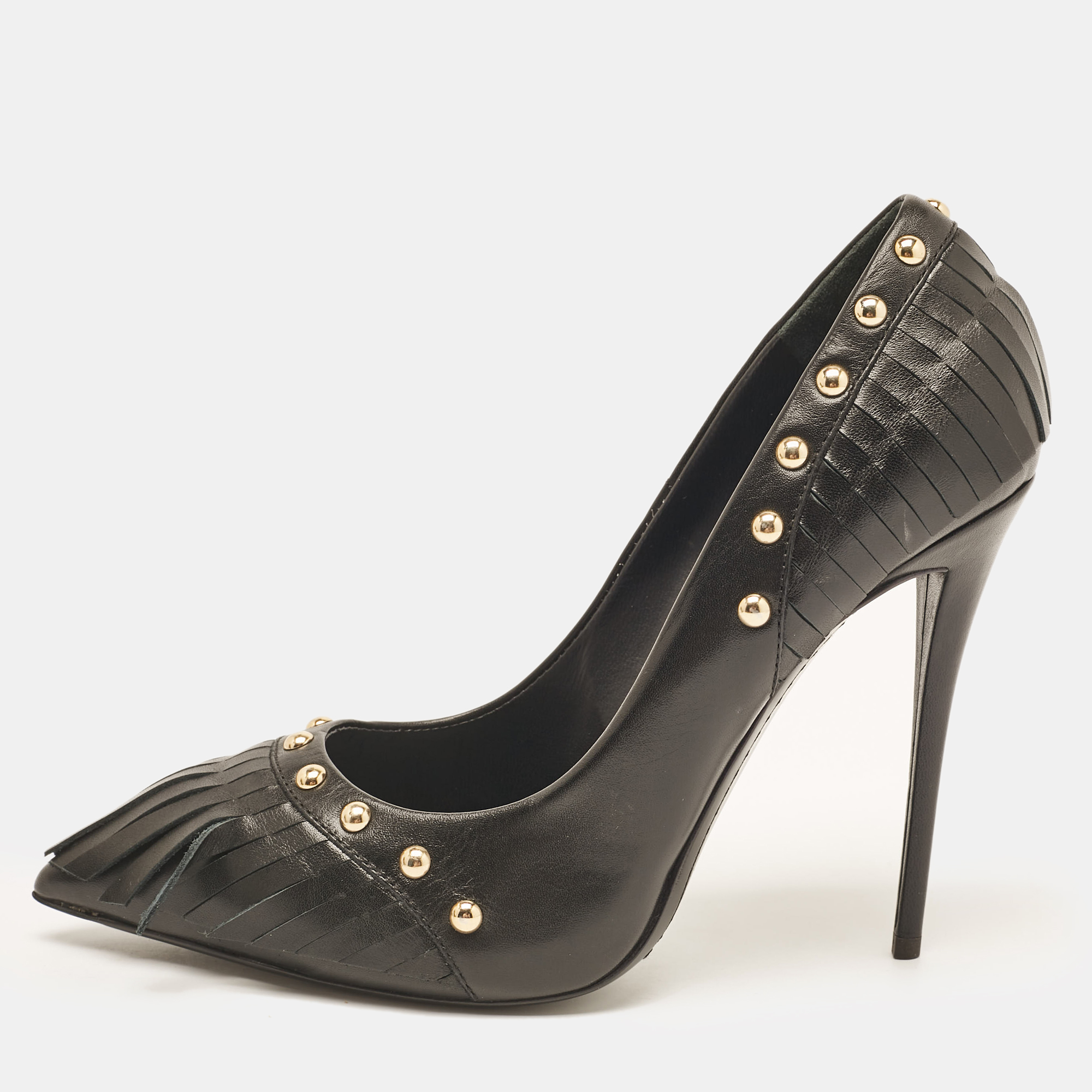 

Giuseppe Zanotti Black Leather Studded Fringe Pumps Size