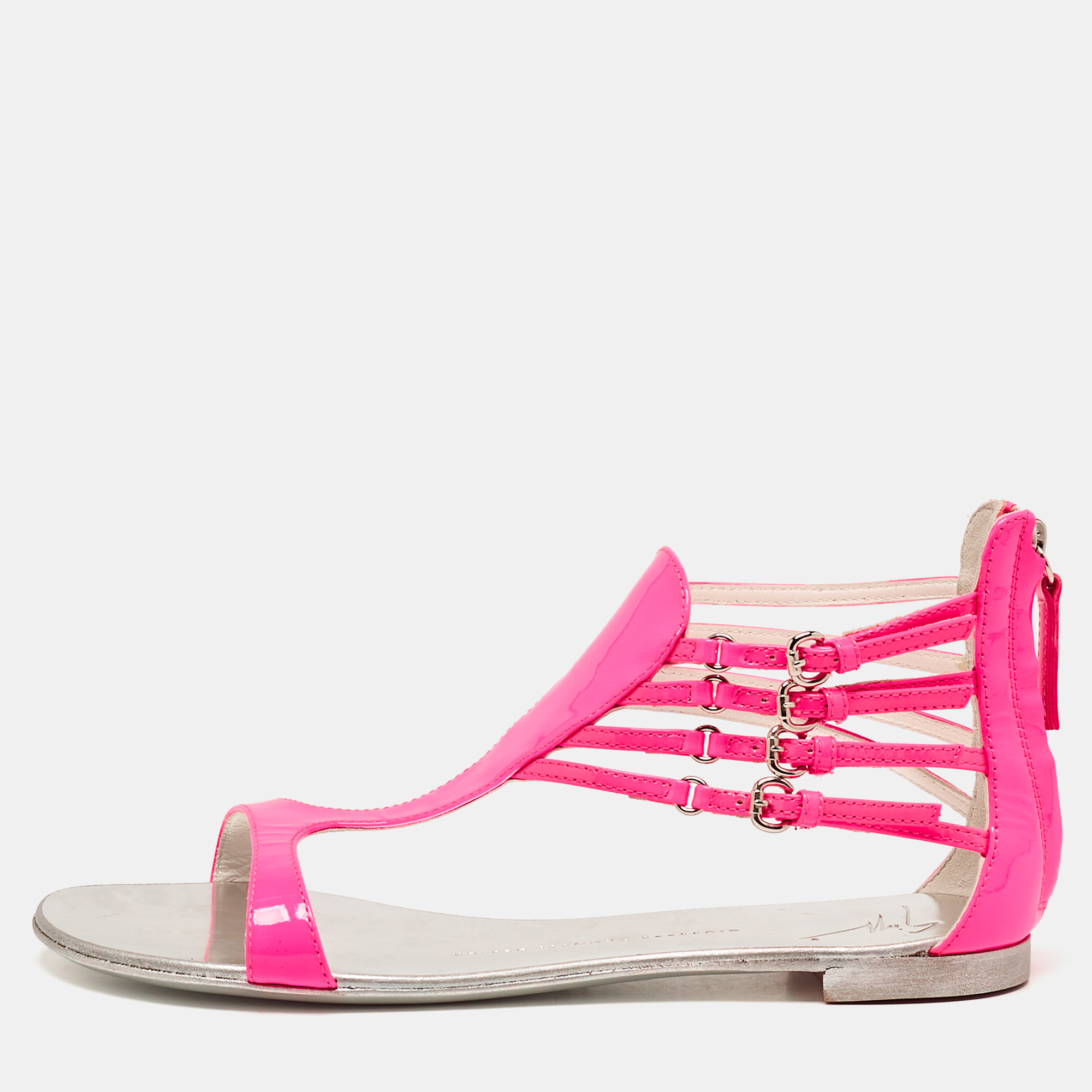 

Giuseppe Zanotti Neon Pink Patent Leather Roll Flat Sandals Size