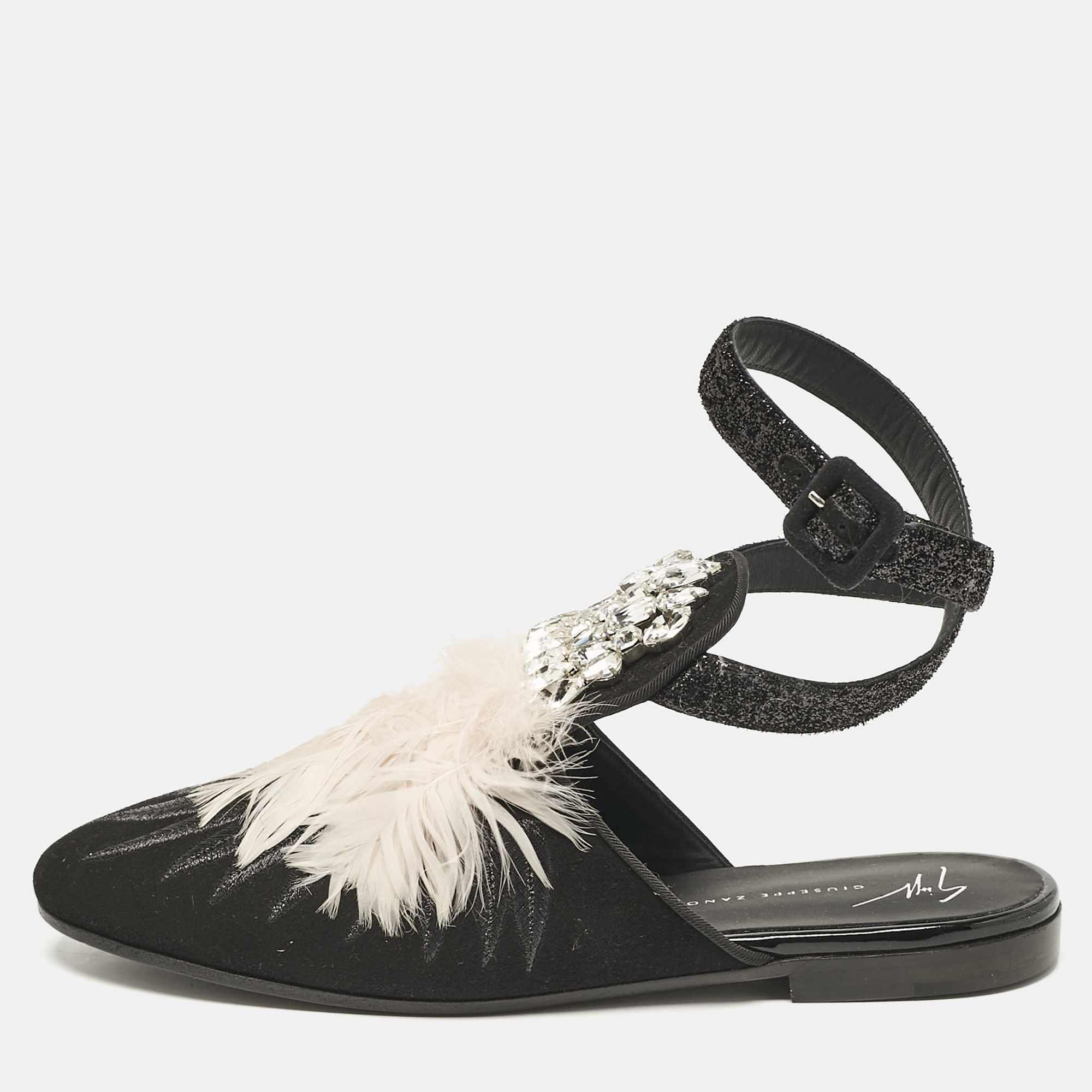 

Giuseppe Zanotti Black/Pink Feather and Suede Ankle Strap Mules Size