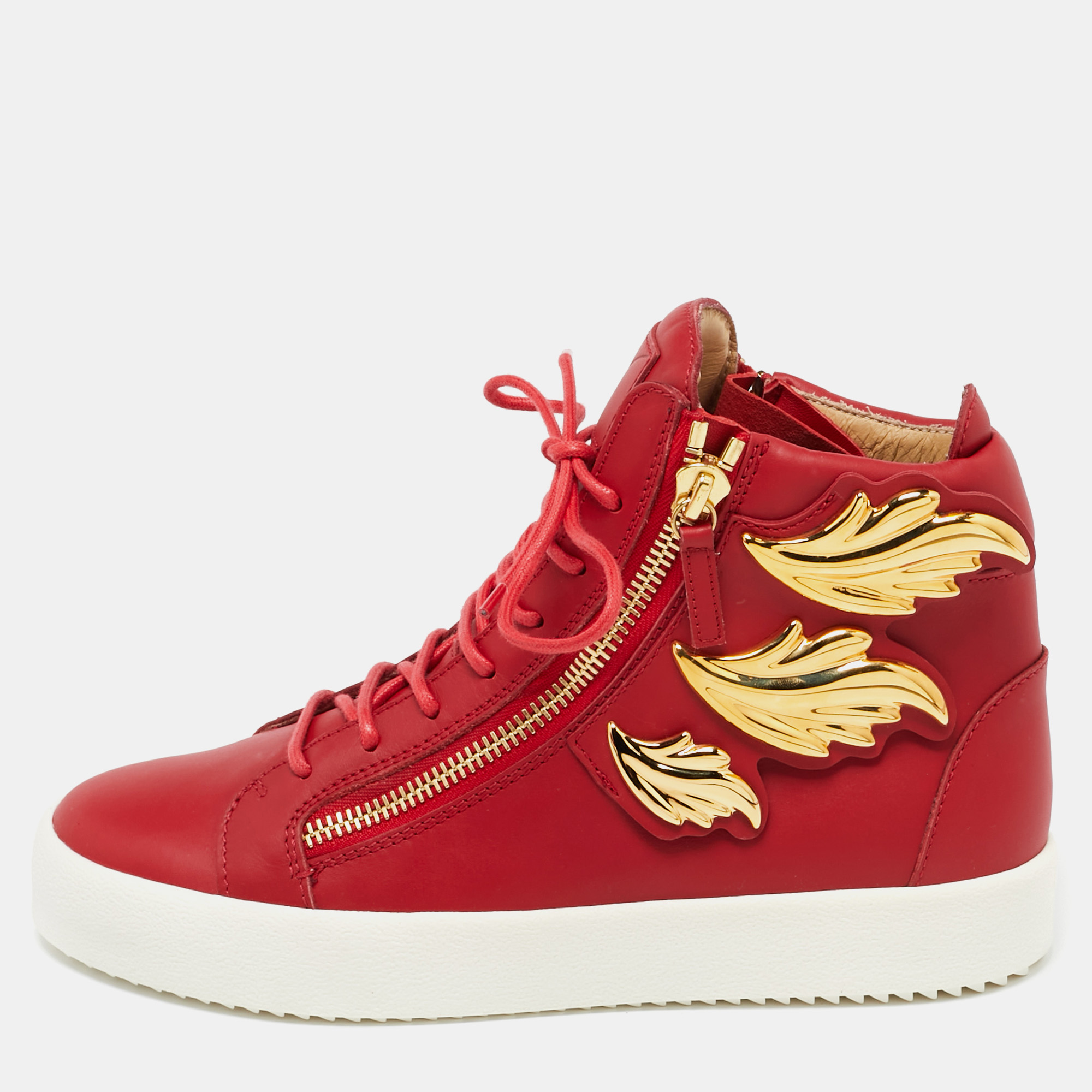 

Giuseppe Zanotti Red Leather Wings Detail High Top Sneakers Size