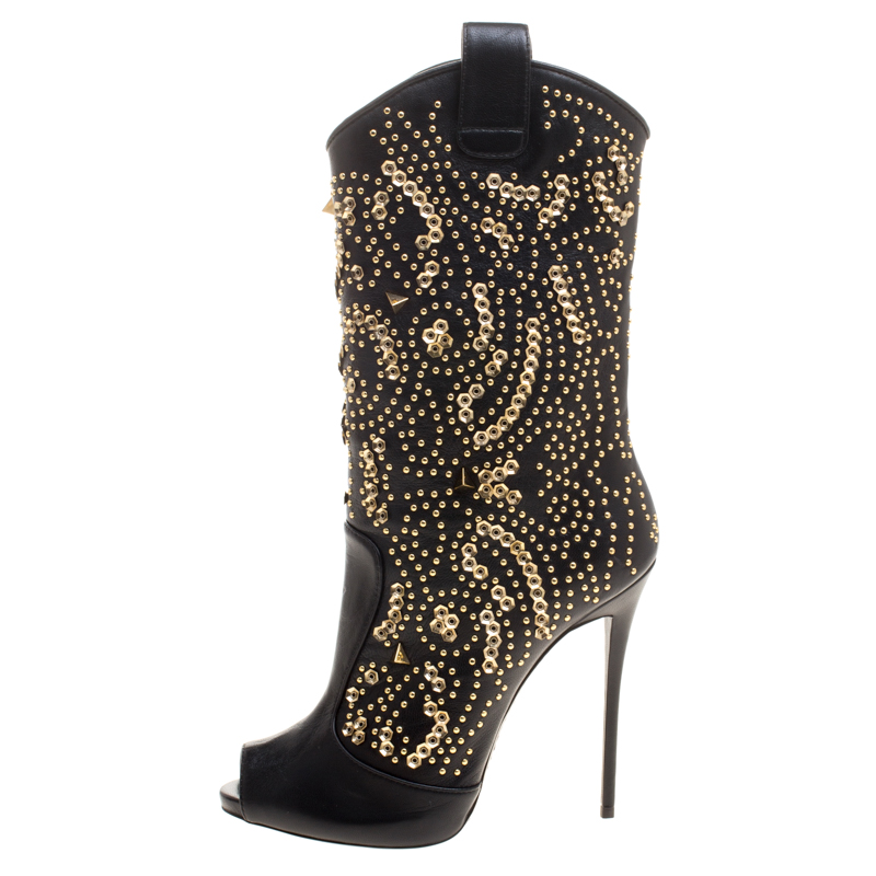 Pre Owned Giuseppe Zanotti Black Studded Leather Coline Peep Toe Mid Calf Boots Size 39