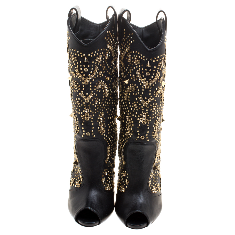 Pre Owned Giuseppe Zanotti Black Studded Leather Coline Peep Toe Mid Calf Boots Size 39