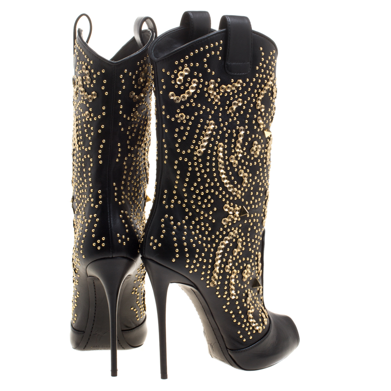 Pre Owned Giuseppe Zanotti Black Studded Leather Coline Peep Toe Mid Calf Boots Size 39