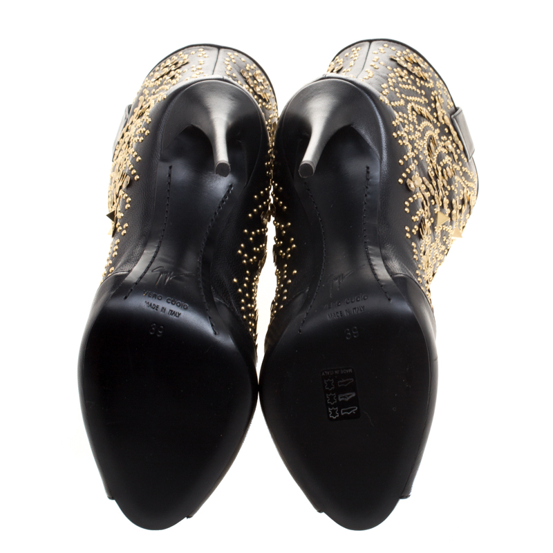 Pre Owned Giuseppe Zanotti Black Studded Leather Coline Peep Toe Mid Calf Boots Size 39