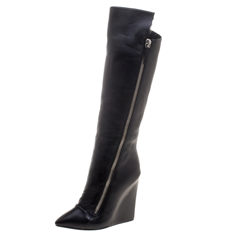 Pre Owned بوت للركبة جوسيبي زانوتي غواز كعب روكي جلد أسود مبطن فرو مقاس 38