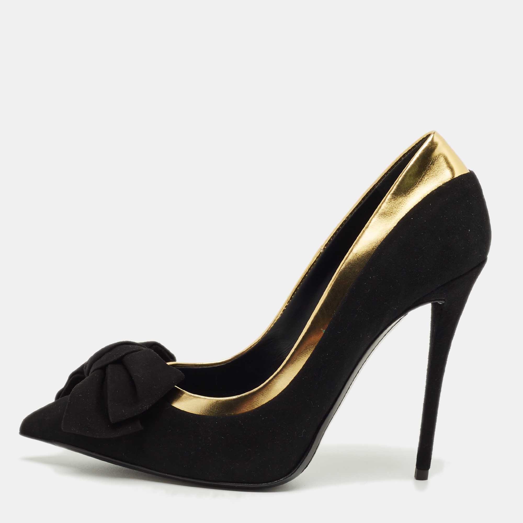 

Giuseppe Zanotti Black/Gold Suede and Leather Bow Pumps Size