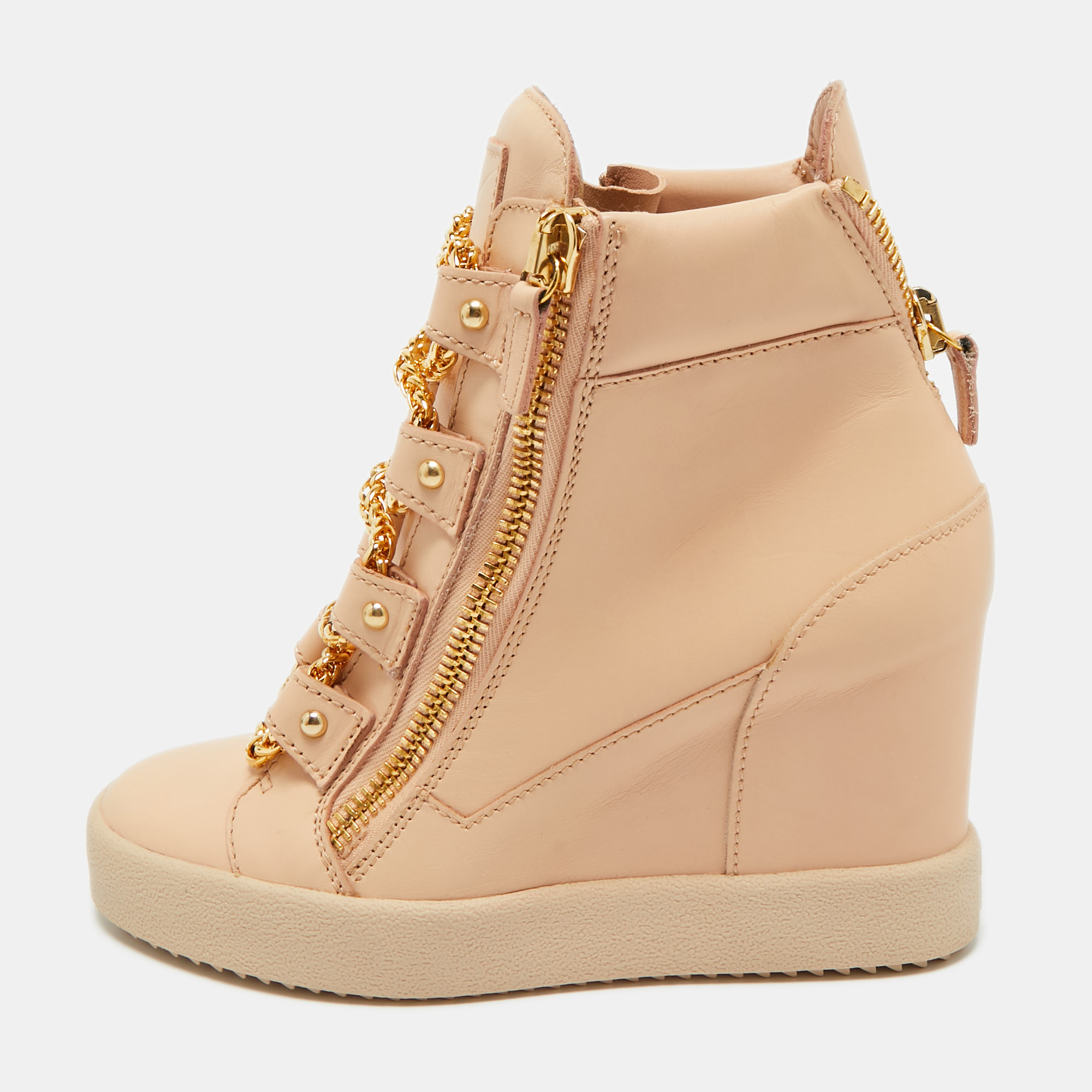 

Giuseppe Zanotti Beige Leather Royce Chain Wedge Sneakers Size