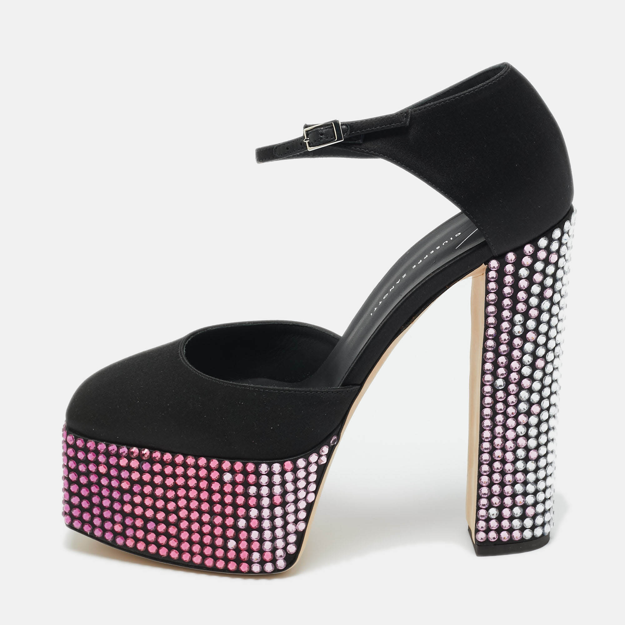 Pre-owned Giuseppe Zanotti Black Satin Crystal Embellished Platform Sandals 40