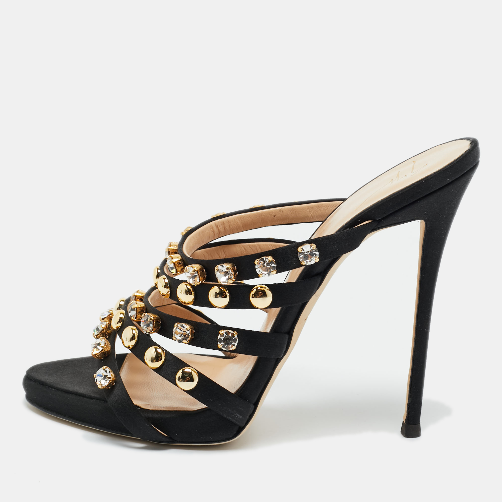 

Giuseppe Zanotti Black Satin Camilla Crystal Slide Sandals Size