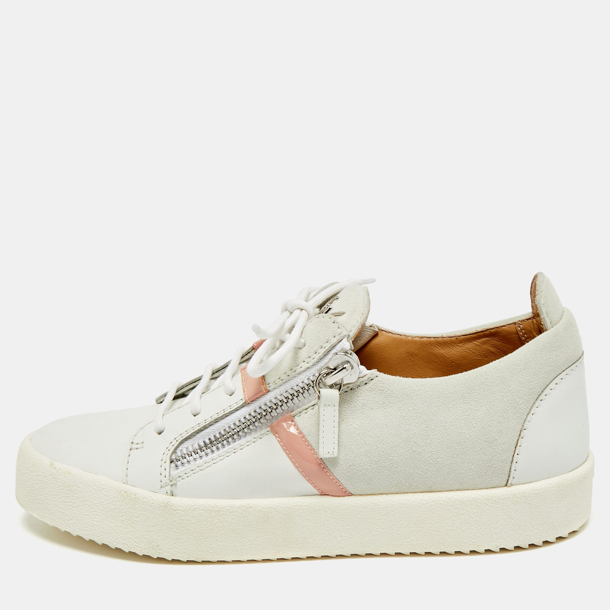 Click to view more detailed imagery on our partner's website Pre-owned Giuseppe Zanotti Frankie Size 40 White/grey Leather And Suede Lace Up Sneakers
