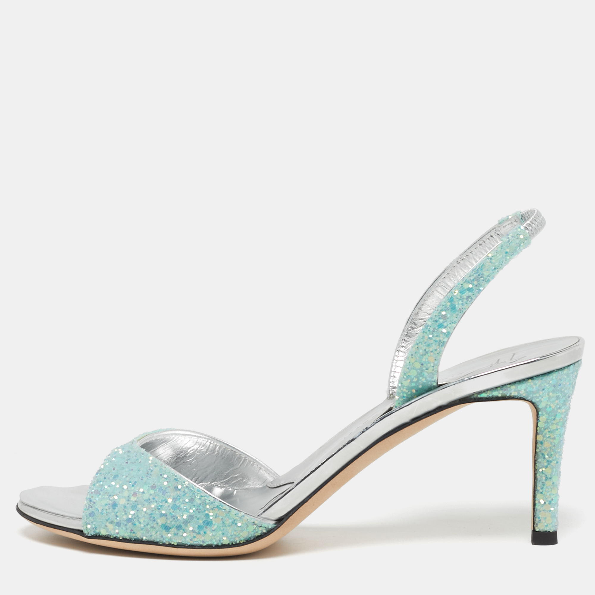 

Giuseppe Zanotti Lilibeth Size  Aqua Blue Glitter Slingback Sandals