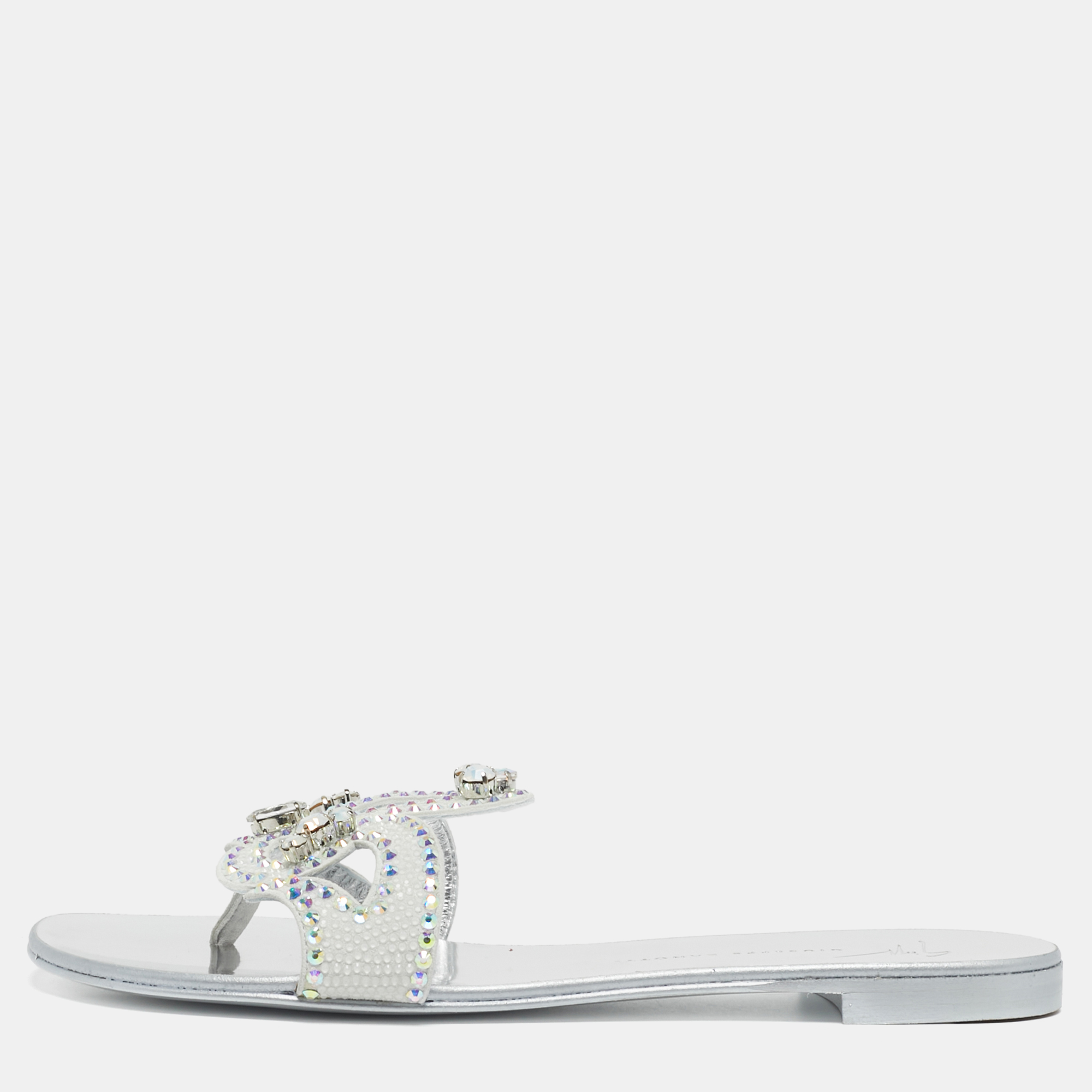 

Giuseppe Zanotti Turchesite Size  White Suede Crystal Embellished Flat Slide Sandals