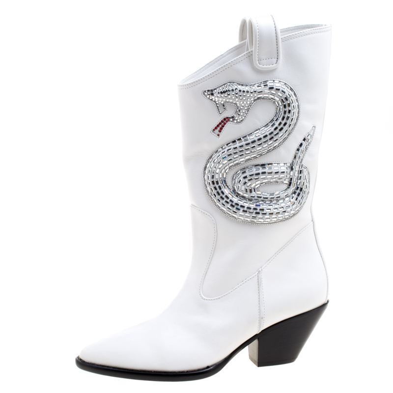 

Giuseppe Zanotti White Snake Embellished Leather Guns 55 Cowboy Boots Size