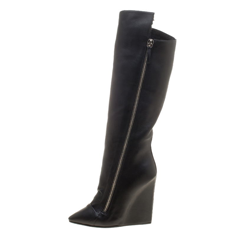 

Giuseppe Zanotti Black Leather and Fur Lining Guaz Knee Boots Size