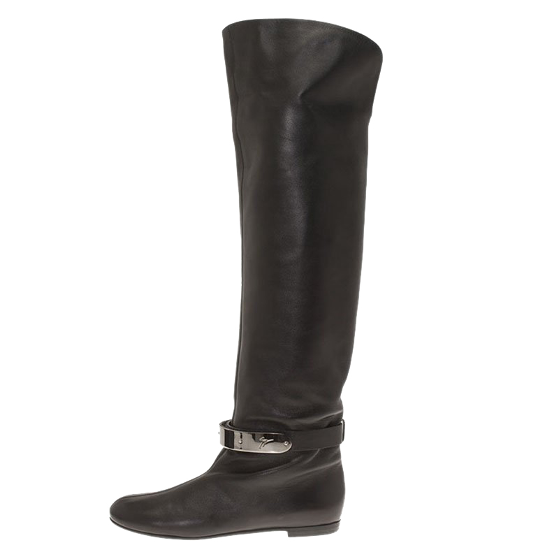 

Giuseppe Zanotti Black Leather Logo Plaque Flat Over the Knee Boots Size