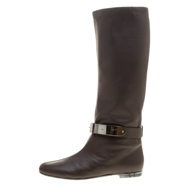 

Giuseppe Zanotti Brown Leather Logo Plaque Flat Over the Knee Boots Size