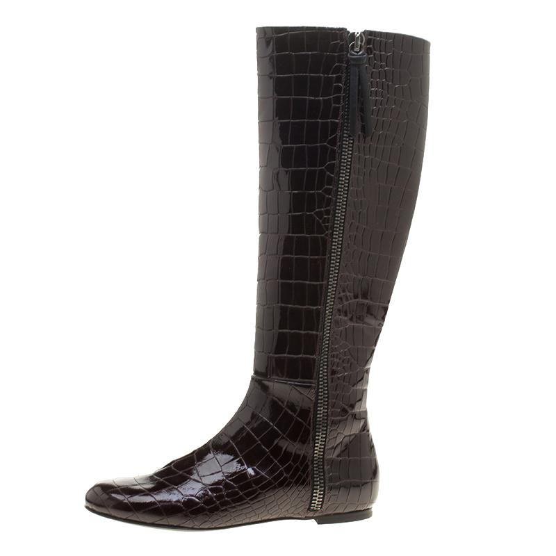 

Giuseppe Zanotti Brown Croc Embossed Patent Ringotto Over the Knee Boots Size