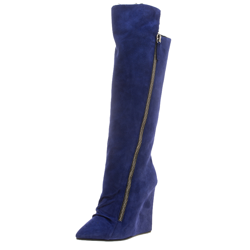  Giuseppe Zanotti Blue Suede Guaz Fur Lined Wedge Knee Boots Size 38