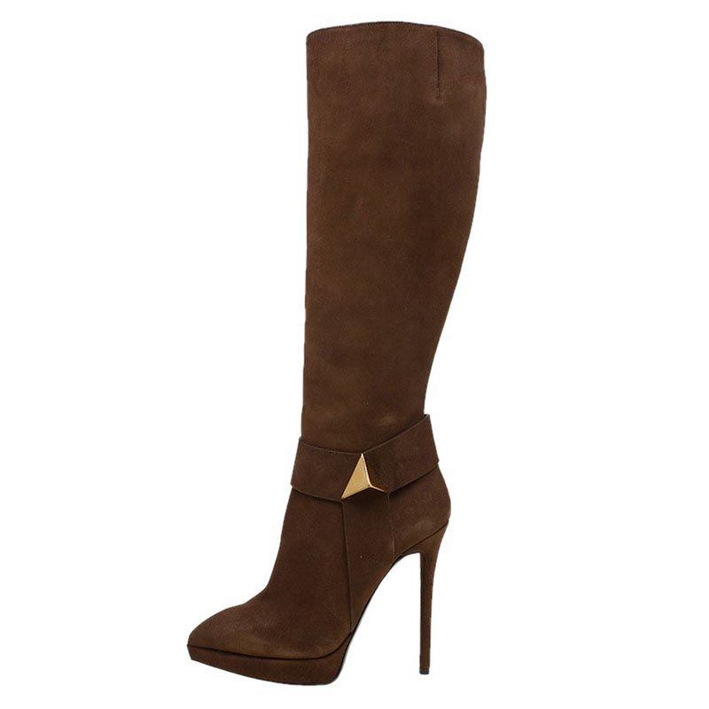 

Giuseppe Zanotti Brown Suede Pyramid Stud Platform Knee Boots Size