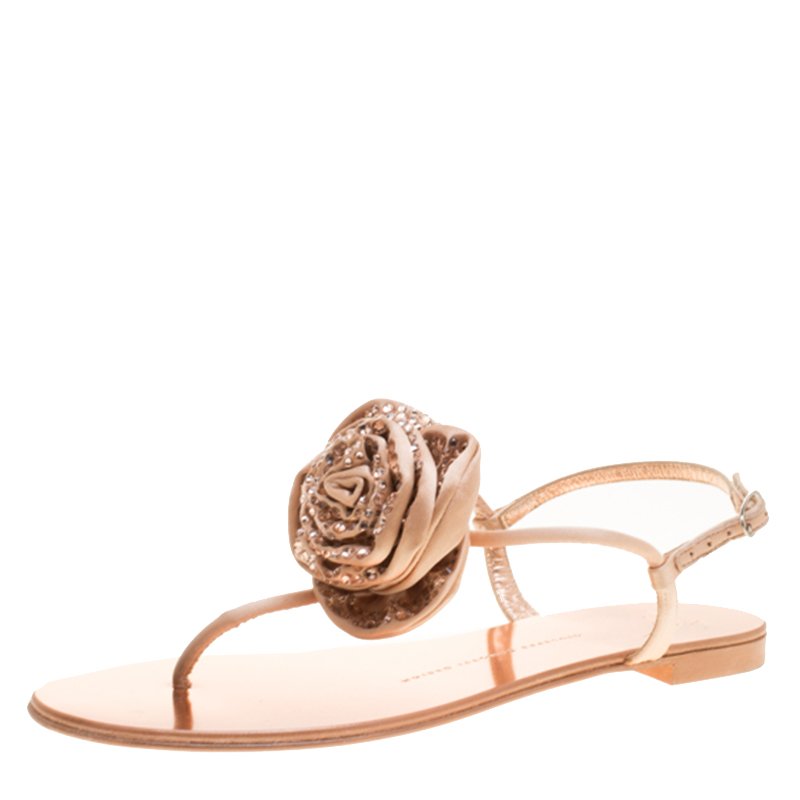 Giuseppe Zanotti Blush Pink Satin and Leather Crystal Embellished Flower Flat Thong Sandals Size 39