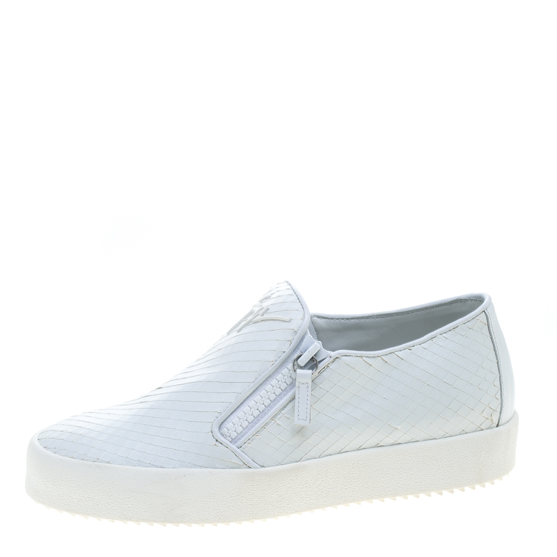 

Giuseppe Zanotti White Textured Leather Platform Slip On Sneakers Size