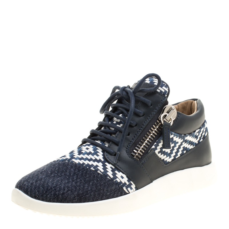 Pre Owned Giuseppe Zanotti Two Tone Woven Leather and Denim Singleg Sneakers Size 38.5