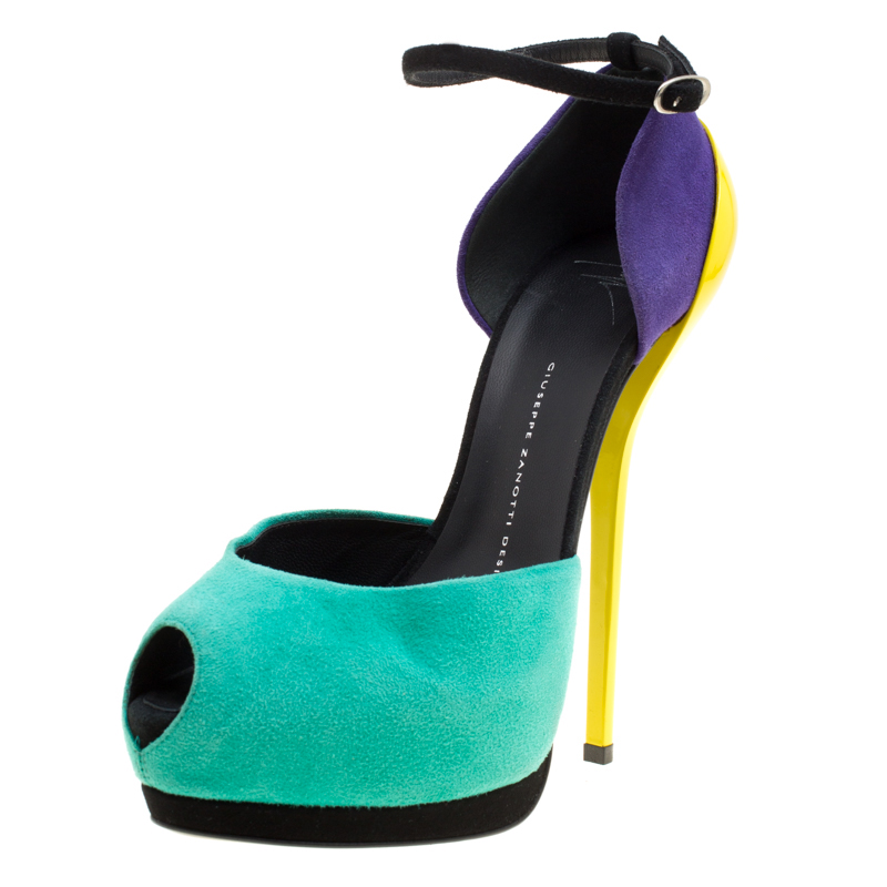 Giuseppe Zanotti Mulitcolor Suede Peep Toe Platform Ankle Strap Sandals Size 39