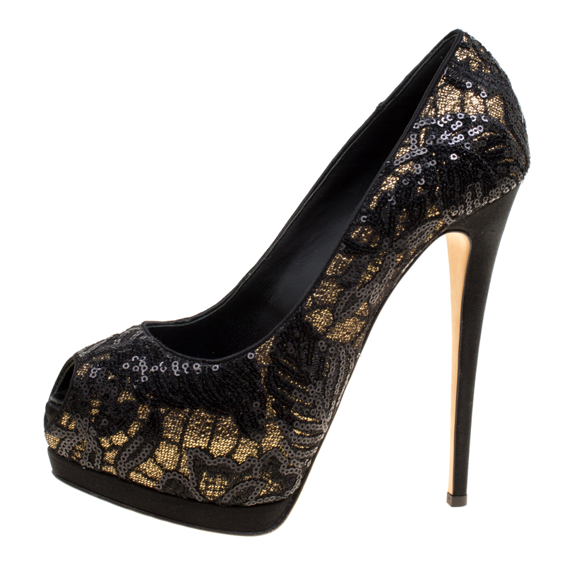 

Giuseppe Zanotti Black Lace Sequin Embellished Glitter Fabric Peep Toe Platform Pumps Size