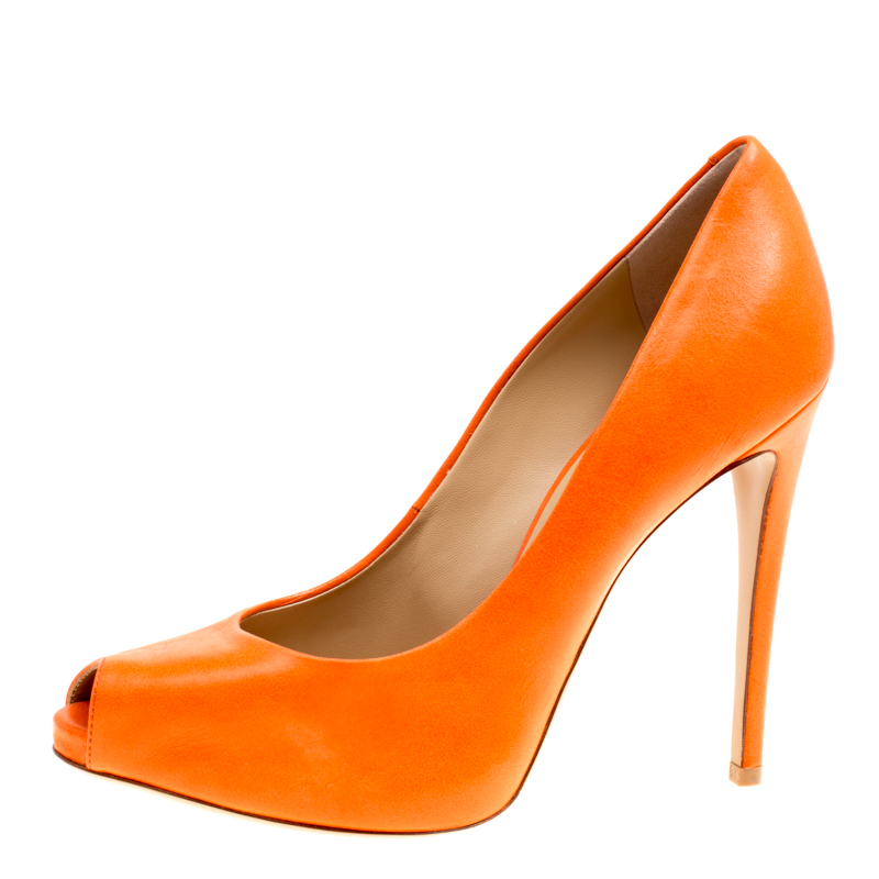 

Giuseppe Zanotti Orange Leather Peep Toe Pumps Size