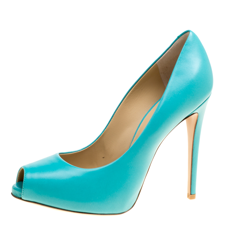 

Giuseppe Zanotti Aqua Blue Leather Peep Toe Pumps Size