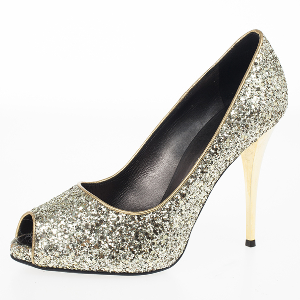 مملوكة مسبقًا Giuseppe Zanotti Gold Glitter Peep Toe Pumps Size 38