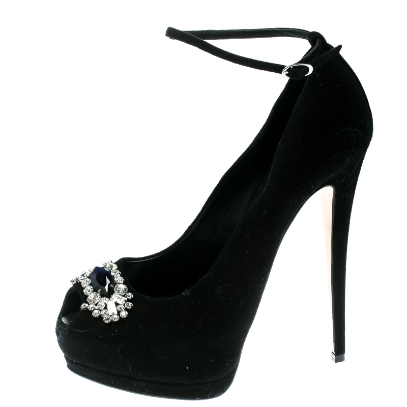

Giuseppe Zanotti Black Suede Crystal Embelished Peep Toe Ankle Strap Platform Pumps Size