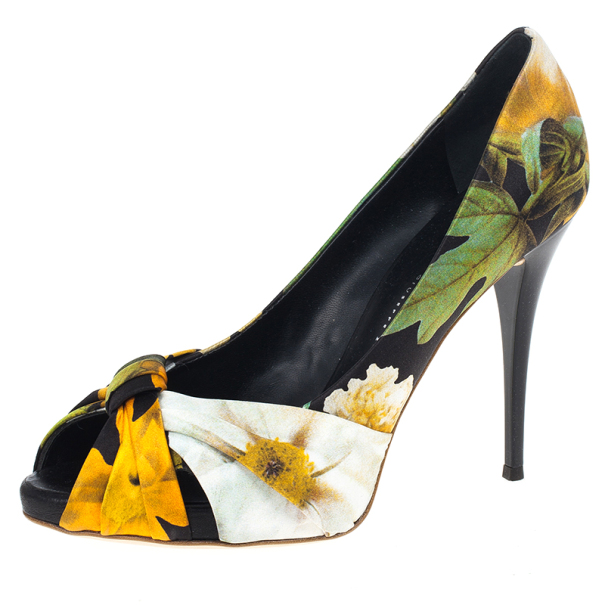 Pre Owned Giuseppe Zanotti Floral Silk Peep Toe Pumps Size 39