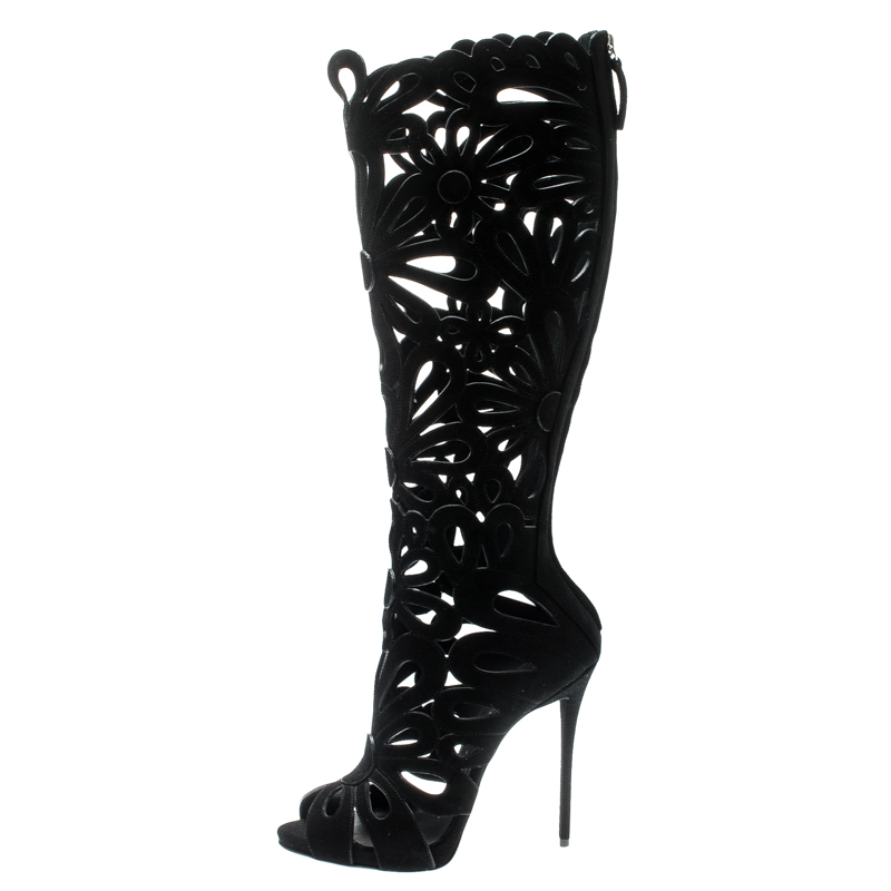 

Giuseppe Zanotti Black Suede Floral Cut Out Knee Length Boots Size