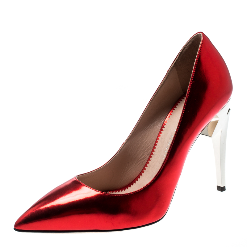 Giuseppe Zanotti Metallic Red Leather Bolt G Pointed Toe Pumps Size 38