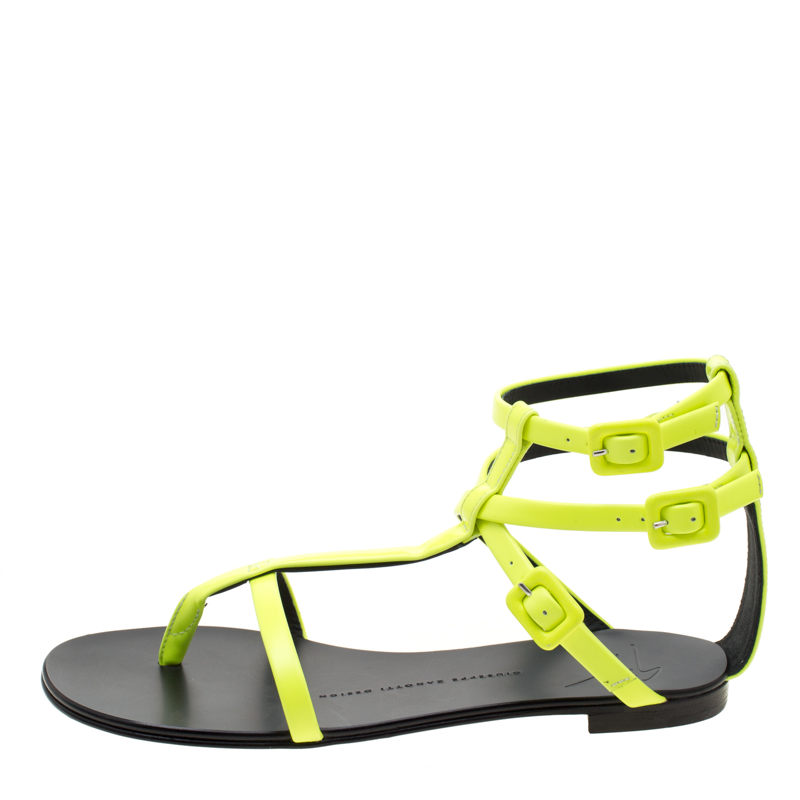 

Giuseppe Zanotti Neon Green Leather Ankle Strap Flat Sandals Size