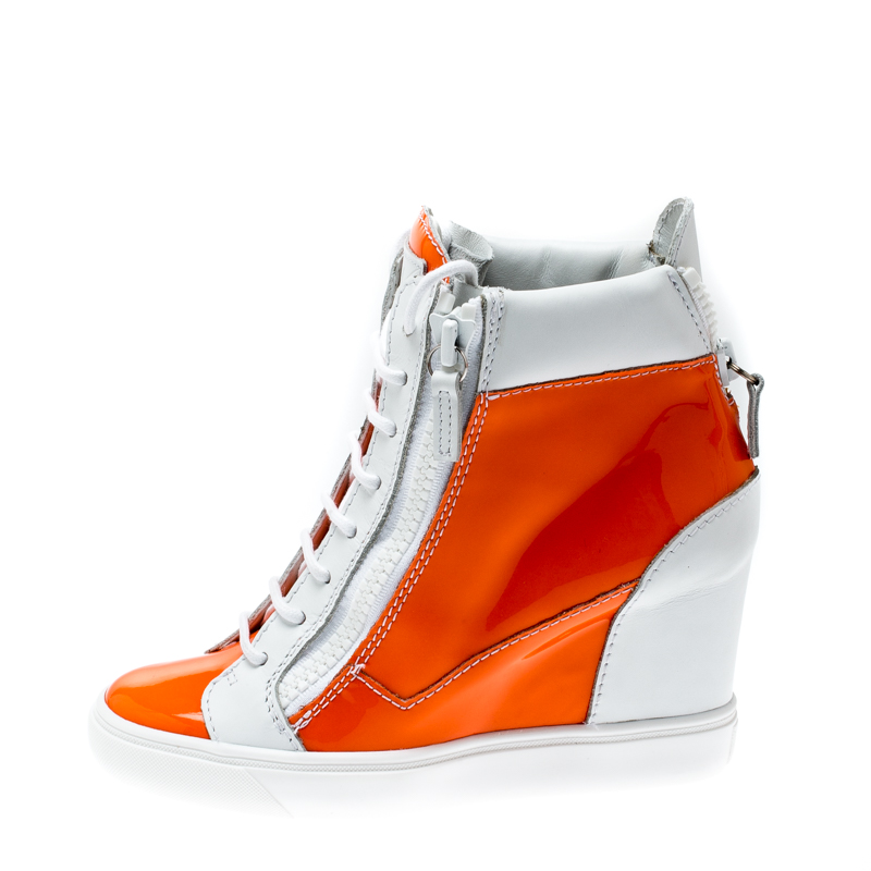 

Giuseppe Zanotti Orange And White Leather High Top Wedge Sneakers Size