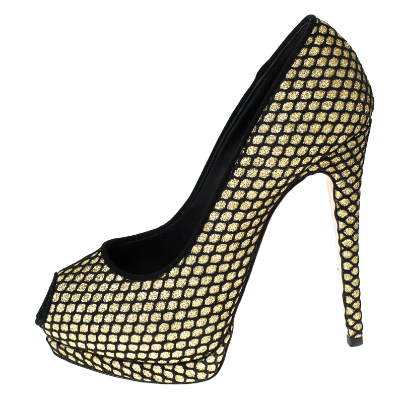 

Guiseppe Zannotti Black/Gold Glitter And Fabric Sharon Peep Toe Platform Pumps Size