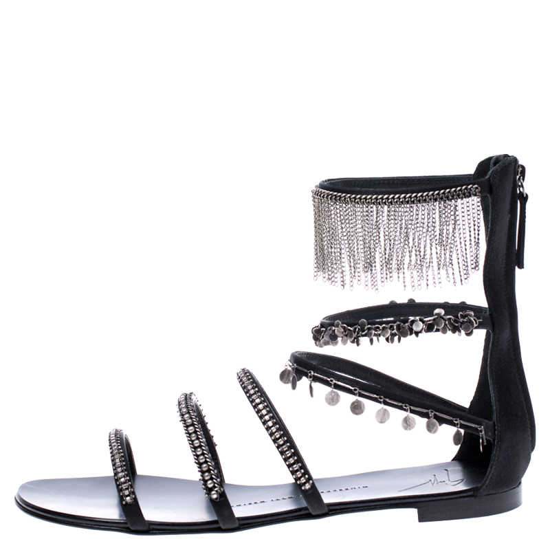 

Giuseppe Zanotti Black Satin Embellished Strappy Flat Sandals Size