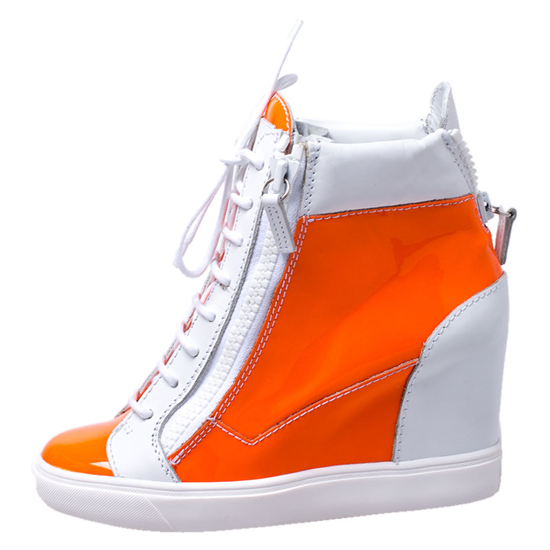 

Giuseppe Zanotti Orange/White Patent Leather Hidden Wedge Sneakers Size