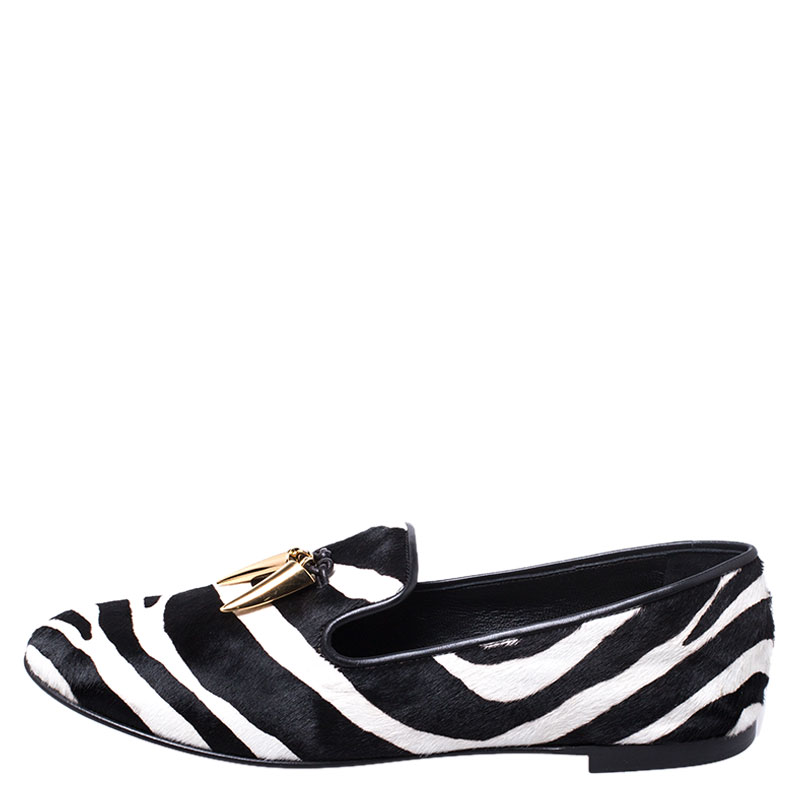 

Giuseppe Zanotti Zebra Print Calfhair Shark Tooth Smoking Slippers Size, Black