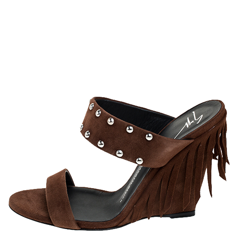 

Giuseppe Zanotti Brown Studded Suede Taline Fringed Wedge Sandals Size