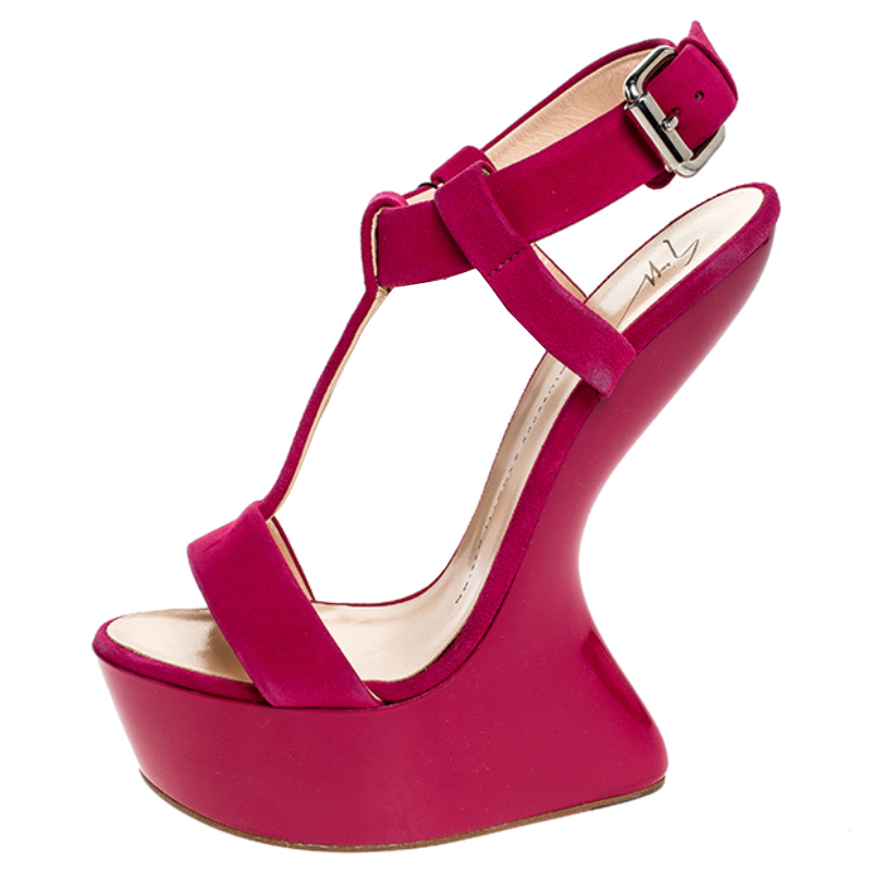 

Giuseppe Zanotti Magenta Suede T Strap Sculpted Wedge Sandals Size, Pink