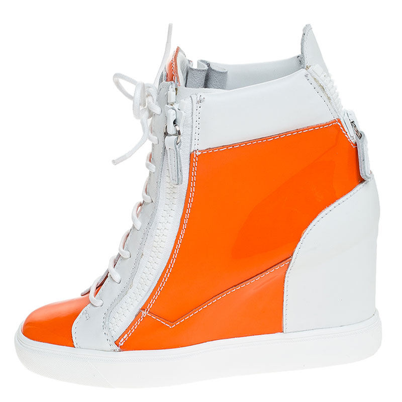 

Giuseppe Zanotti Orange/White Leather and Patent Leather High Top Wedge Sneakers Size