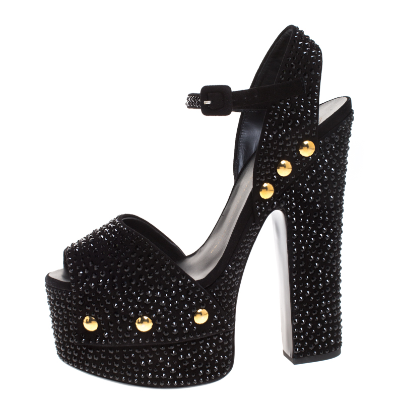 

Giuseppe Zanotti Black Crystal Embellished Suede Platform Ankle Strap Sandals Size