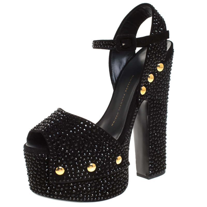 Pre-owned Giuseppe Zanotti Black Embellished Suede Leather Ankle Strap Platform Sandals Size 37